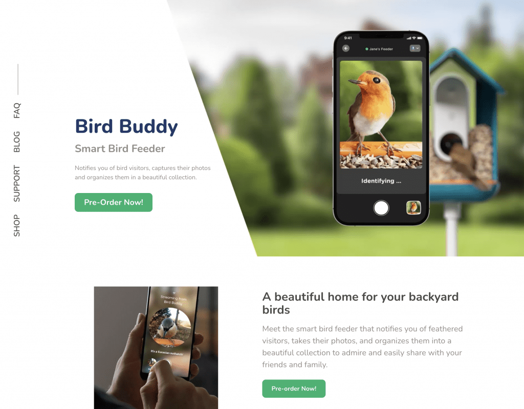 Screenshot of Bird Buddy website showing that the product is on pre order