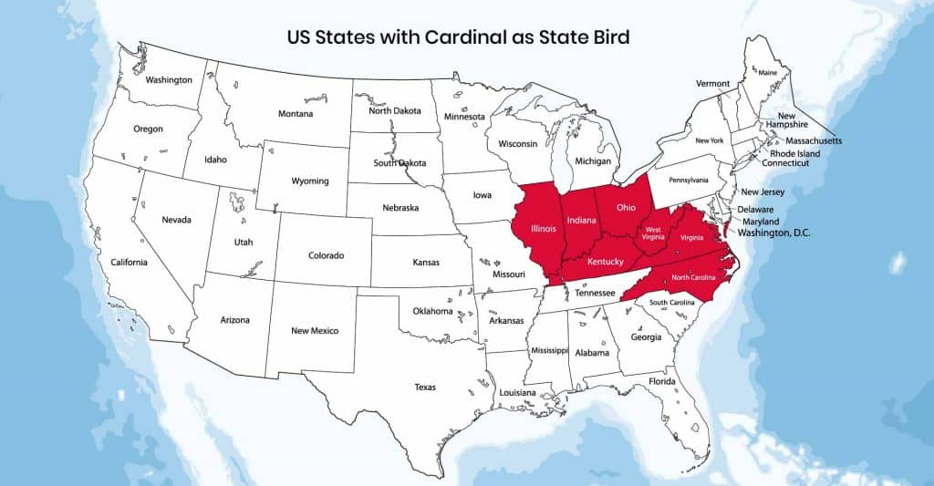 Map of us with 7 states in red - those that chose cardinal as state bird