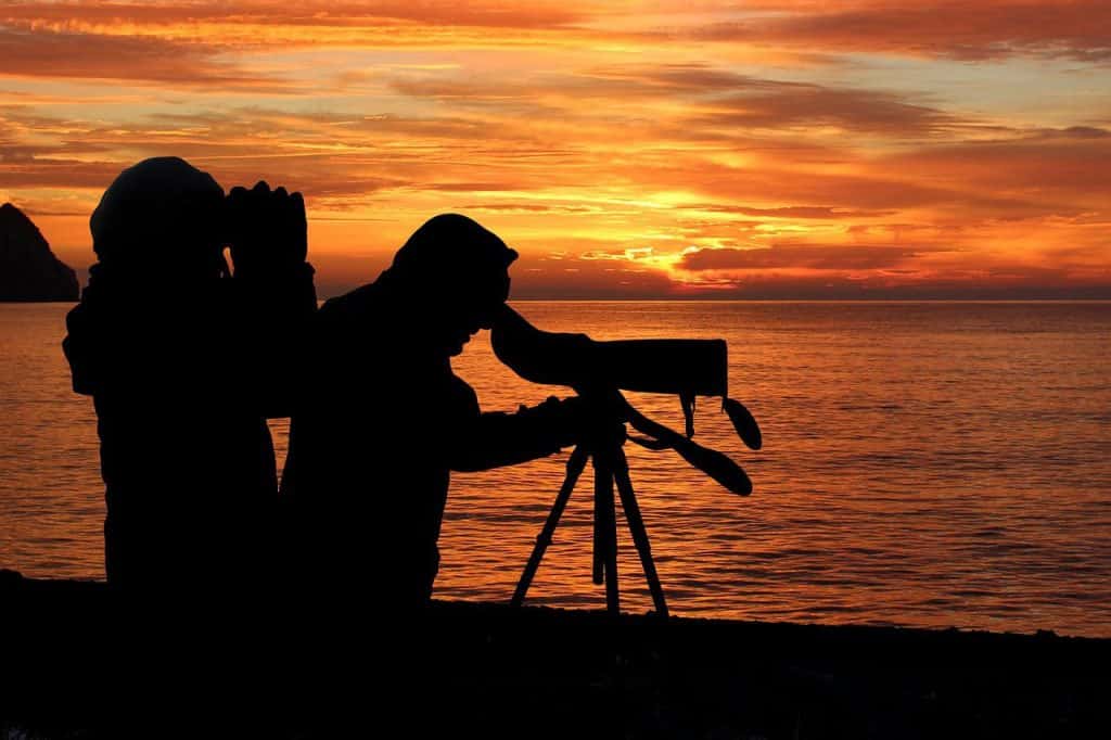 spotting telescopic at sunset for birding