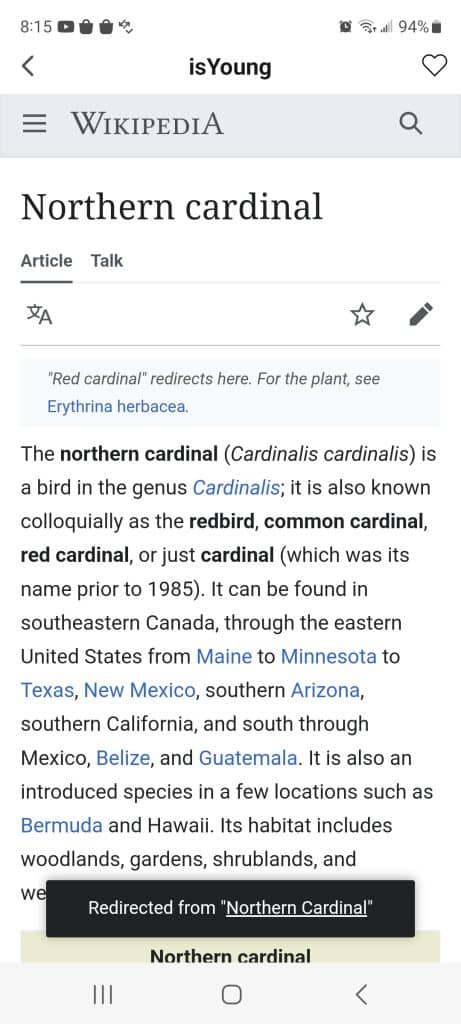 northern cardinal wikipedia page