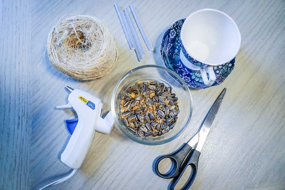materials to make a teacup bird feeder including twine, teacup, saucer, bird seed, scissors, hot glue gun