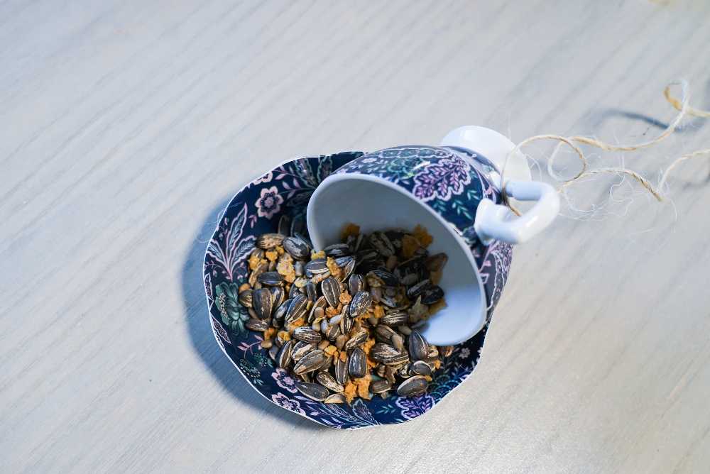 teacup bird feeder filled with birdseed