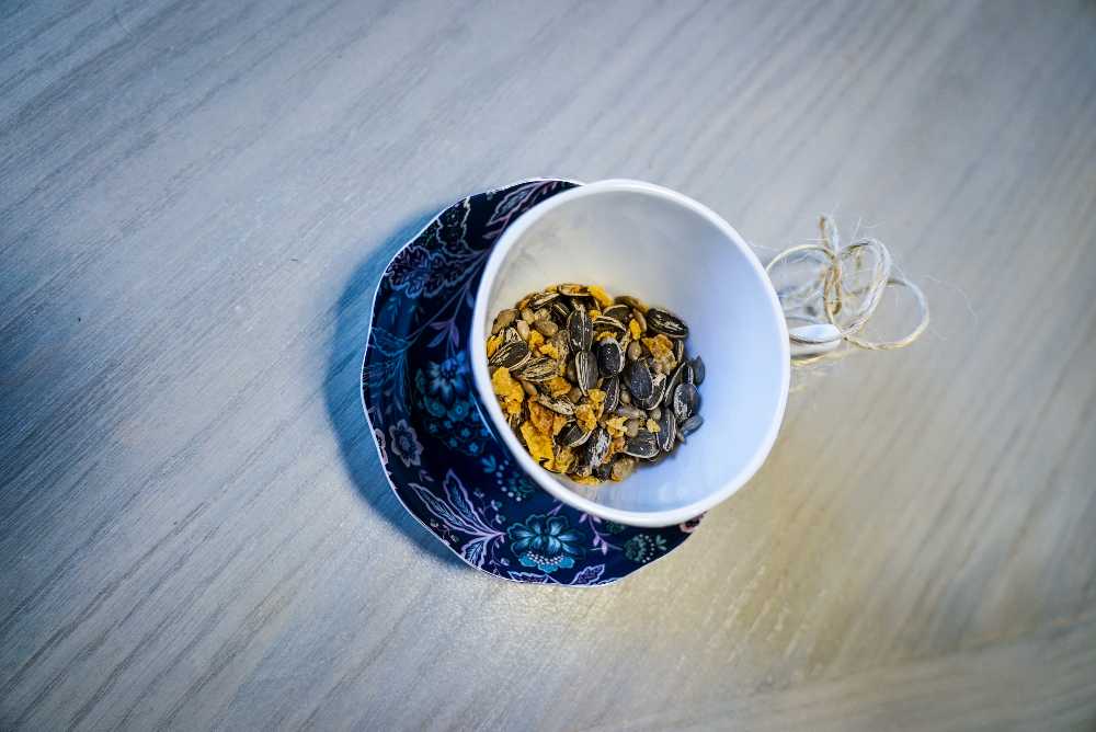 teacup on a saucer with twine attached and filled with birdseed