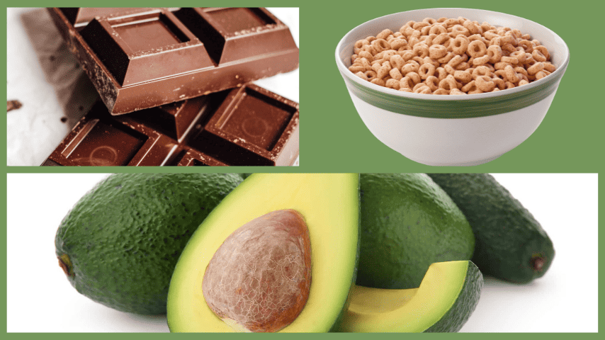 chocolate, avocados and bowl of cereal