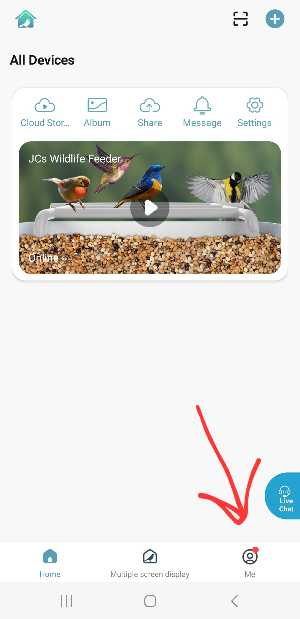 Smartphone screenshot showing first step in viewing recorded videos of birds